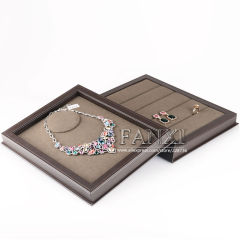 FANXI Custom Luxury Brown Book Shape Jewelry Display Tray For Rings Big Necklace Storage Leather Jewelry Case