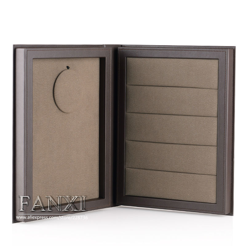 FANXI Custom Luxury Brown Book Shape Jewelry Display Tray For Rings Big Necklace Storage Leather Jewelry Case