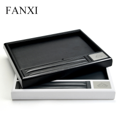 Luxury White And Black PU Leather Jewellery Display Service Trays With Metal Logo For Ring Necklace Bracelet Wooden Jewelry Serving Tray