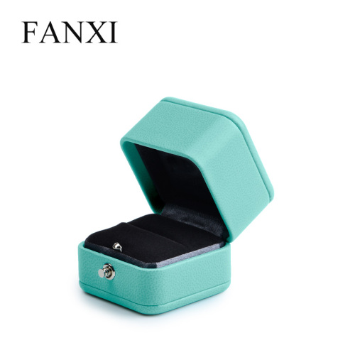 FANXI Wholesale Custom Plastic Packaging Box With Gold Button And Velvet Insert Blue Pu Leather Luxury Jewelry Ring Box