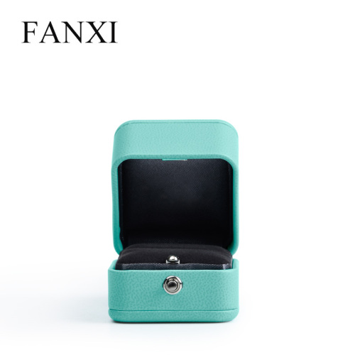 FANXI Wholesale Custom Plastic Packaging Box With Gold Button And Velvet Insert Blue Pu Leather Luxury Jewelry Ring Box