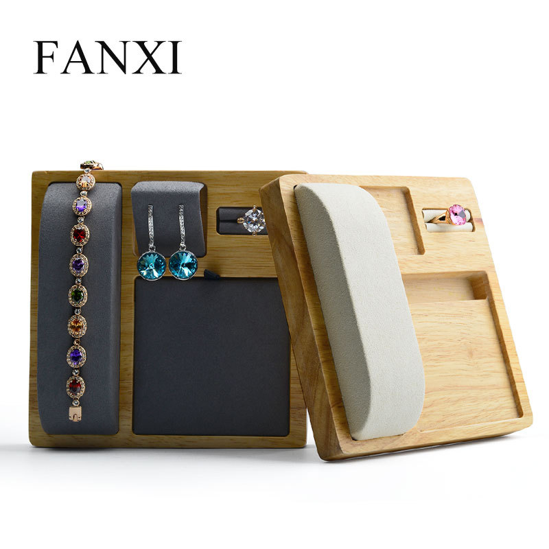 FANXI Luxury Beige And Gray Microfiber Jewellery Set Trays For Ring Earrings Bracelet Necklace Pendant Showcase Solid Wood Jewelry Display Tray