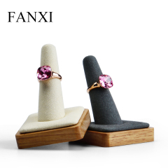 FANXI Wholesale Factory Beige And Gray Microfiber Jewelry Display Holder For Ring Exhibitor Organizer Solid Wood Core Finger Ring Display