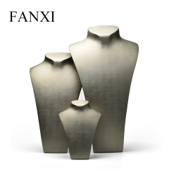FANXI Luxury Gray PU Leather Necklace Mannequin For Jewelry Shop Counter And Window Showcase Resin Necklace display Bust