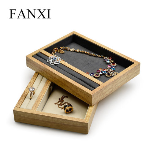 FANXI Wholesale Solid Wood Jewellery Display Service Trays With Microfiber Insert For Ring Necklace Bracelet Exhibitor Wooden jewelry Serving Tray