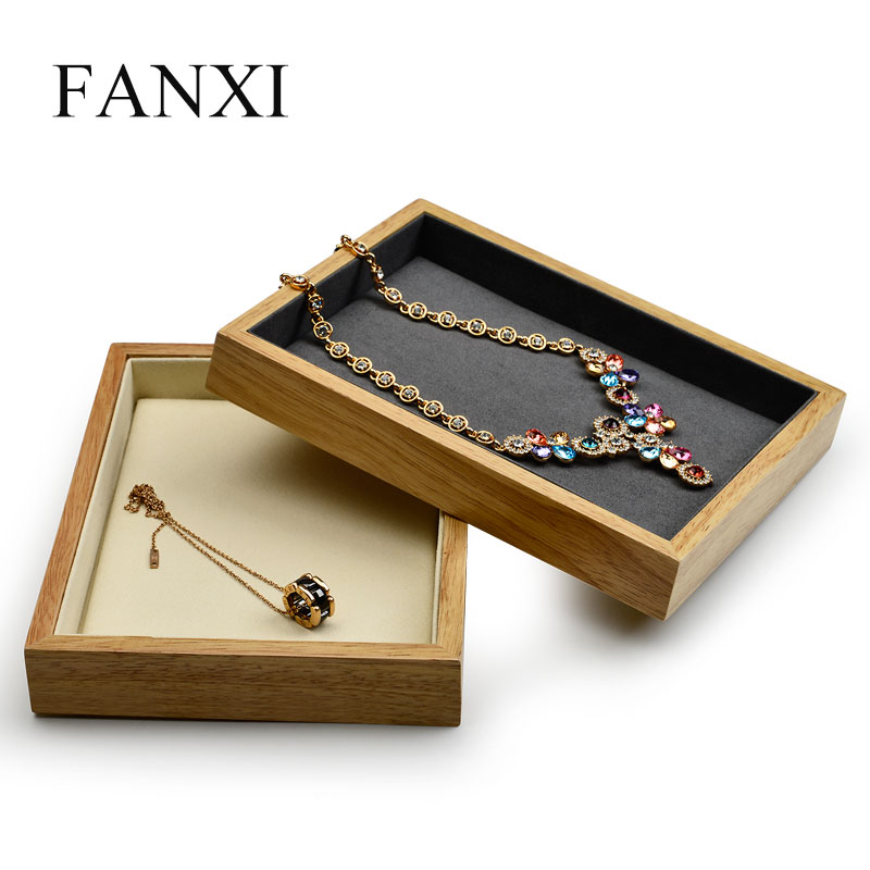 FANXI Beige And Gray Microfiber Jewellery Display Service Trays For Ring Necklace Bracelet Showcase Solid Wood Luxury Empty Jewelry Serving Tray