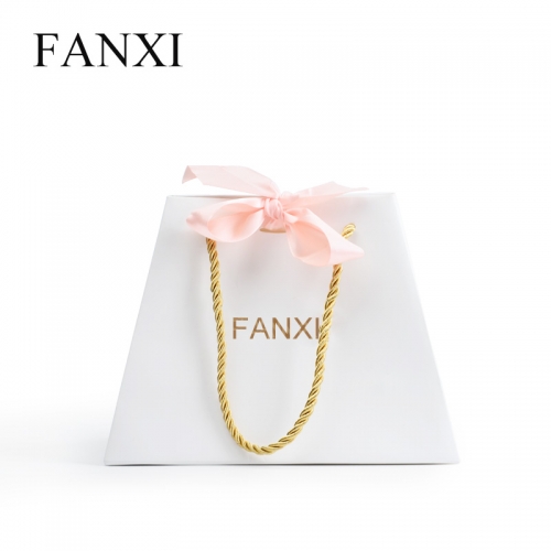 FANXI Custom Logo Jewelry Bags With Pink Ribbon And Gold Cord For Jewellery Watch Gift Packaging White Printed Paper Shopping Bag