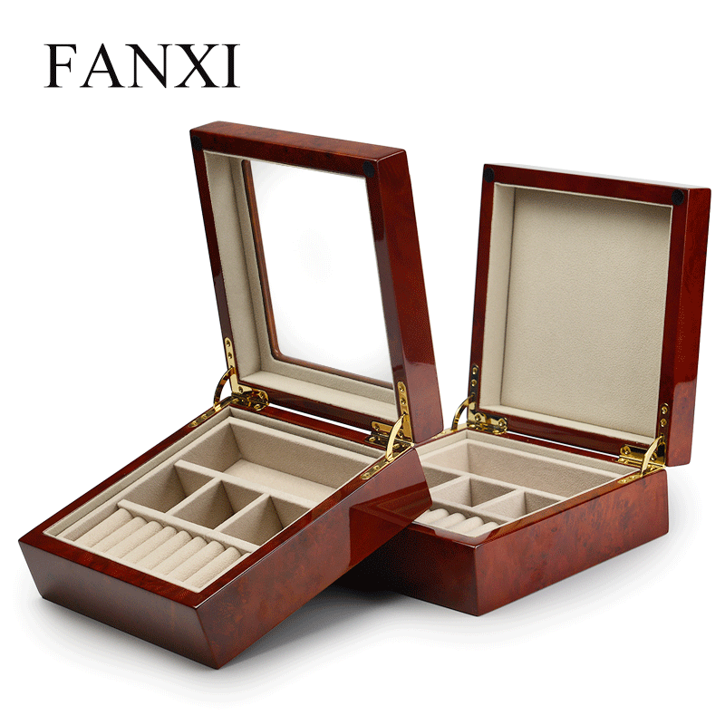 FANXI Custom Red Lacquer Jewellery Organizer Box With Velvet Insert And Glass lid For Ring Necklace Bracelet Watch Storage Luxury Wooden Jewelry Case