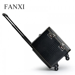 FANXI Custom Jewellery Storage Organzier Case With Jewelry Trays For Commercial Business Trip Luxury Black PU Leather Travel Jewelry Suitcase