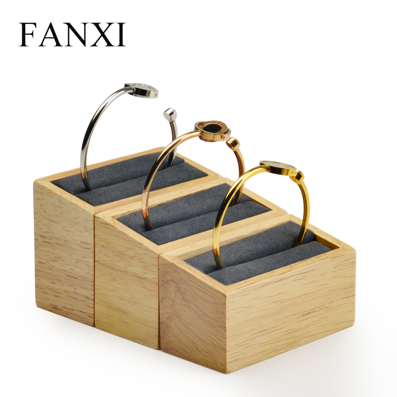 FANXI Wholesale Custom Jewelry Display Holder With Beige And Gray Microfiber Insert For Ring Bangle Exhibitor Wooden Bracelet Display