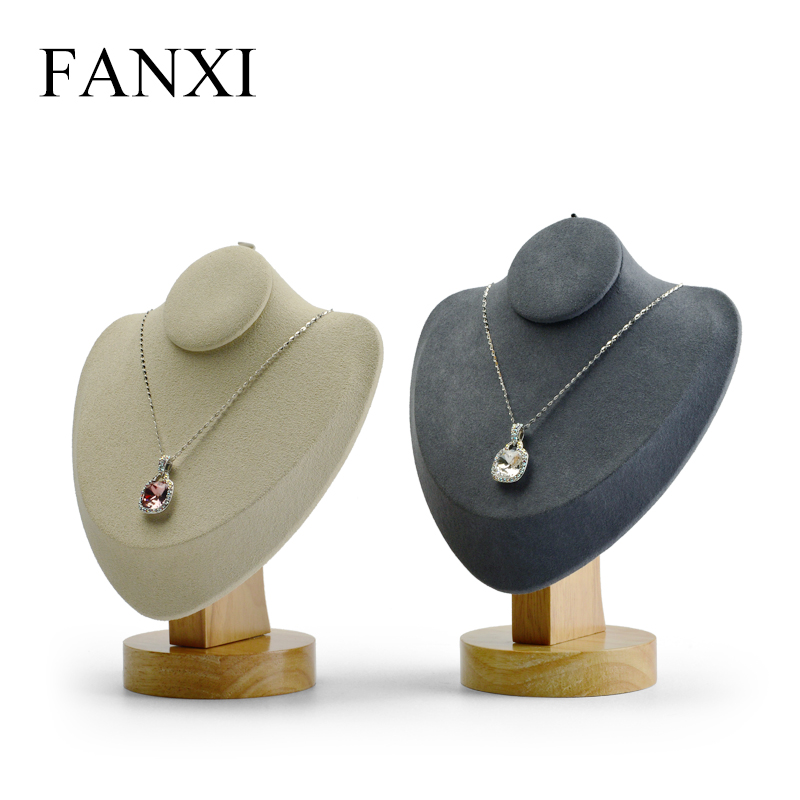 FANXI Custom Solid Wood Jewelry Display With Beige And Gray Microfiber Neck Form Mannequin Unique Wooden Necklace Bust