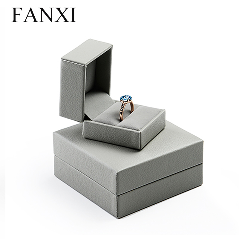 FANXI Custom Luxury Jewellery Gift Box With Velvet Insert For Ring Pendant Necklace Gray PU leather Jewelry Packing Box