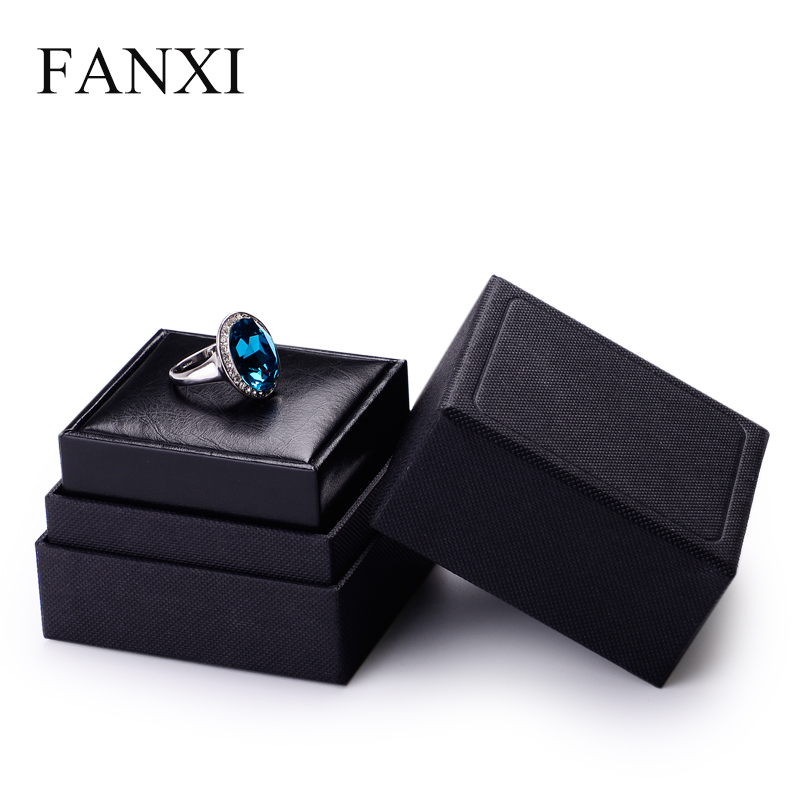 FANXI Wholesale Luxury Custom Logo Emboss Gift Jewelry Boxes For Engagement Black PU Leather Wedding Ring Boxes