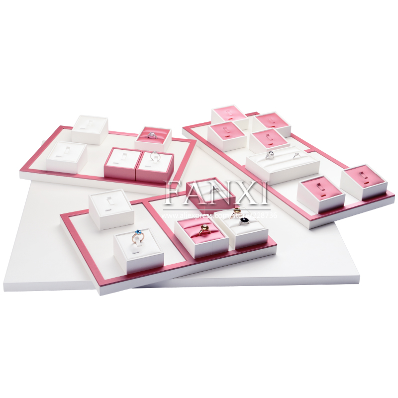 FANXI Elegant Rose Red Color PU Leather Jewelry Display Set For Rings Counter Exhibition