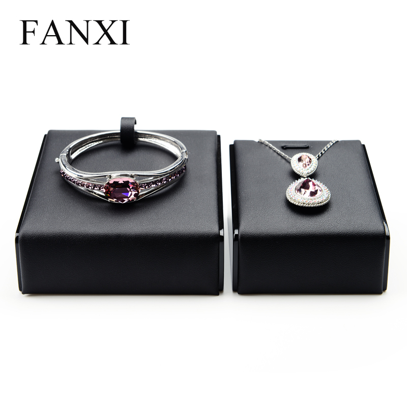 FANXI Custom Leather Jewellery Exhibitor Organizer Stand For Ring Earrings Necklace Bangle Bracelet Black Lacquer Jewelry Display Holder