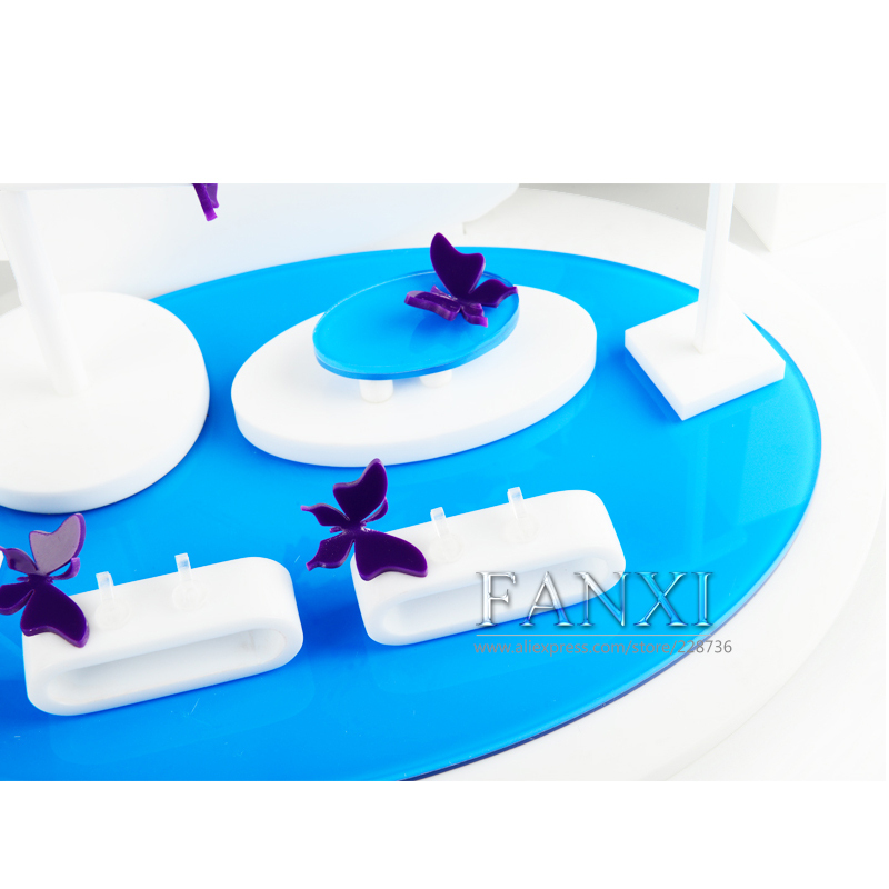 FANXI Wholesale China factory custom blue and white acrylic jewellry displays for ring earrings necklace jewelery display set