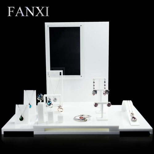 FANXI Custom Exquisite Shop Exhibitor Milk White Free Match Board Ring Necklace Earrings Jewelry Stands Acrylic Display Set