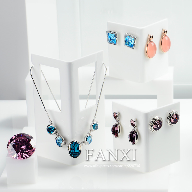 FANXI Custom Jewellery Shop Counter Showcase With Custom Poster For Ring Earrings Necklace White Acrylic Jewelry Display Holder