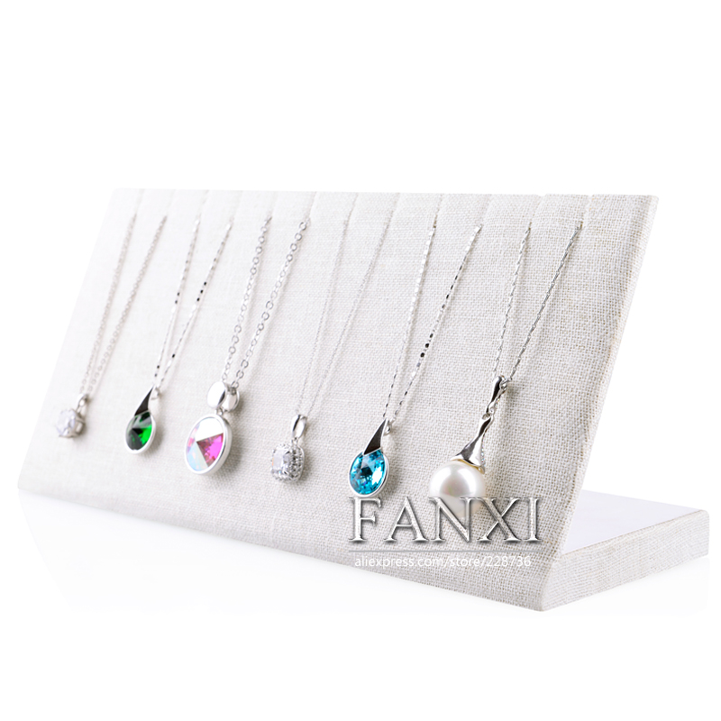 FANXI Custom Wood With Beige Linen Jewelry Display Holder For 6 Necklaces Linen Necklace Display