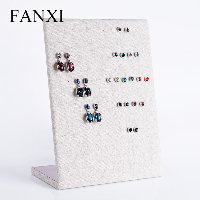 FANXI Custom Logo Wood Jewelry Display Props For 30 Ear Studs Earring Economic Beige Linen Earrings Display