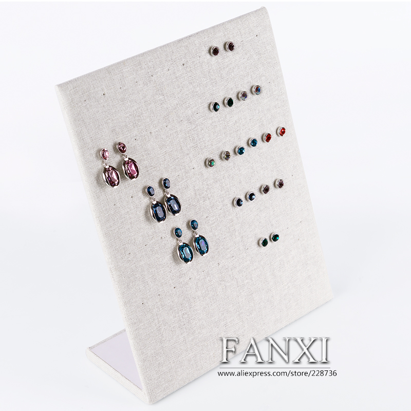 FANXI Custom Logo Wood Jewelry Display Props For 30 Ear Studs Earring Economic Beige Linen Earrings Display