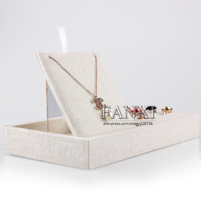 FANXI Custom Wood Jewelry Display Organizer For Ring And Necklace Beige Linen Jewelry Set Tray