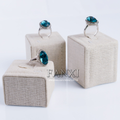 FANXI Custom Factory Beige Linen Jewelry Shop Counter Showcase Display Holder Wooden Ring Display Set