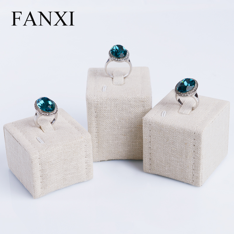 FANXI Custom Factory Beige Linen Jewelry Shop Counter Showcase Display Holder Wooden Ring Display Set