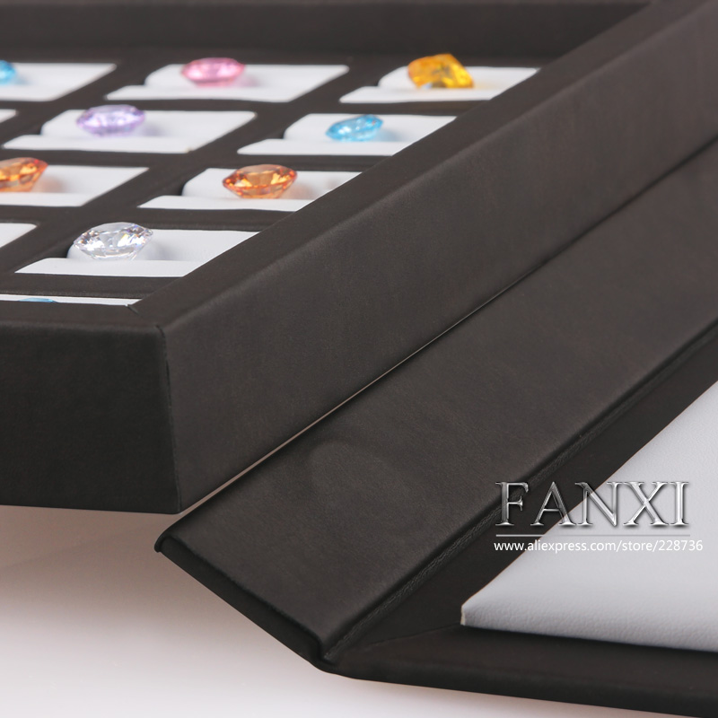 FANXI Wholesale factory custom stackable MDF wrapped with black and white PU leather jewellery case for loose diamond display trays