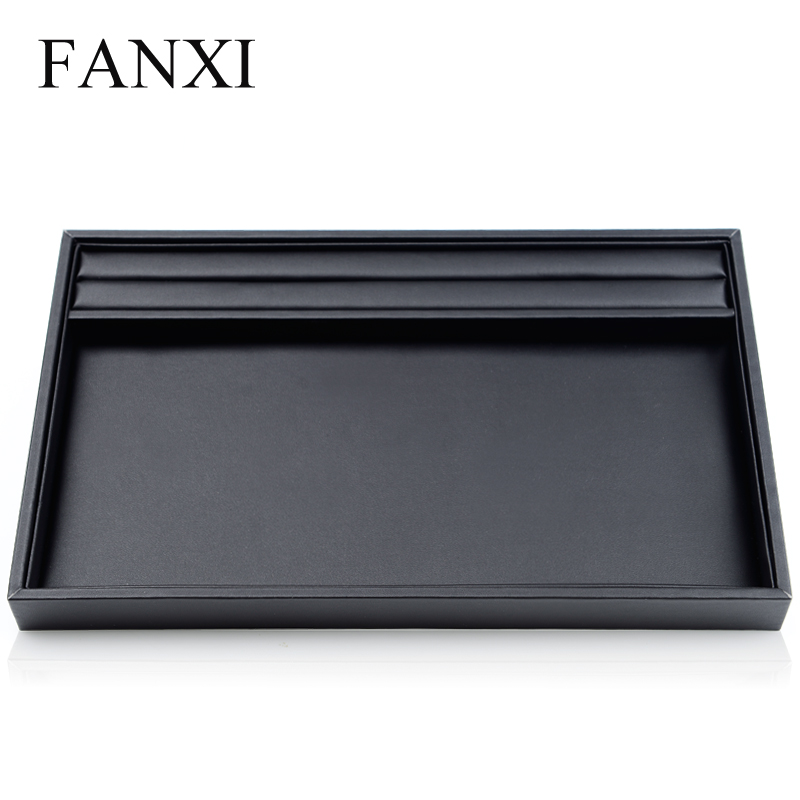 FANXI Wholesale All Matched Black Color Stackable PU Leather Jewelry Tray For Ring Necklace Bangle Bracelet Jewelry Counter Serving Display Tray