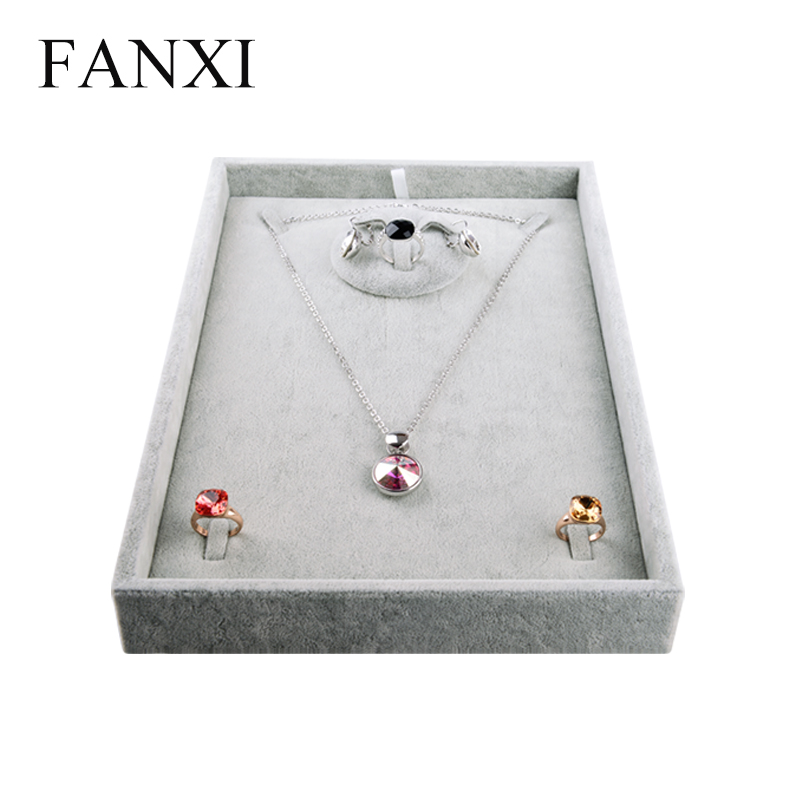 FANXI Custom Functional Silver Grey Ice Velvet Necklace Earrings Ring Combination Display Holder Tray Jewelry Display Tray Set