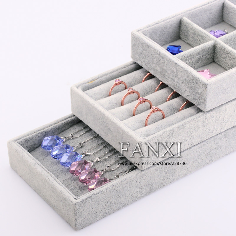 FANXI Fashionable Shop Counter Organizer 3 Free Trays Necklace Rings Holder Storage Velvet Jewelry Tray Set Counter Display Tray