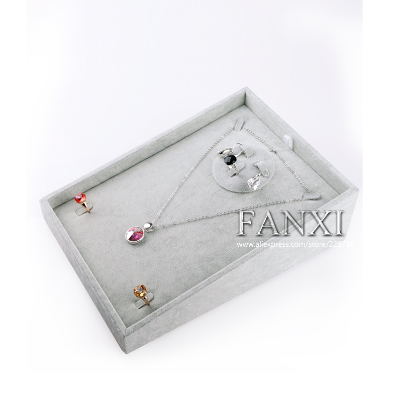 FANXI Custom Functional Silver Grey Ice Velvet Necklace Earrings Ring Combination Display Holder Tray Jewelry Display Tray Set