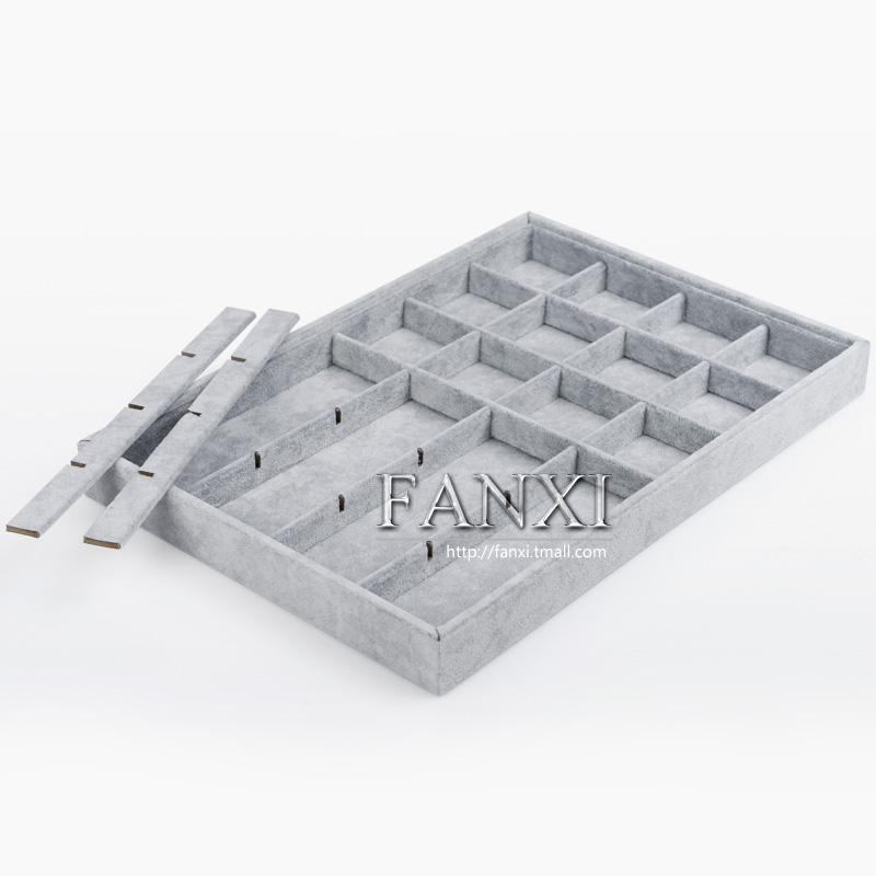 FANXI Wholesale Jewelry Shop Made By Wood And Gray Ice Velvet Ring Earring Pendant Bangle Jewelry Display Tray