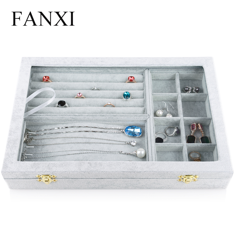 FANXI Wholesale Custom Factory MDF With Gray Velvet Jewellery Storage Box For Ring Earrings Necklace Display Jewelry Packaging Case