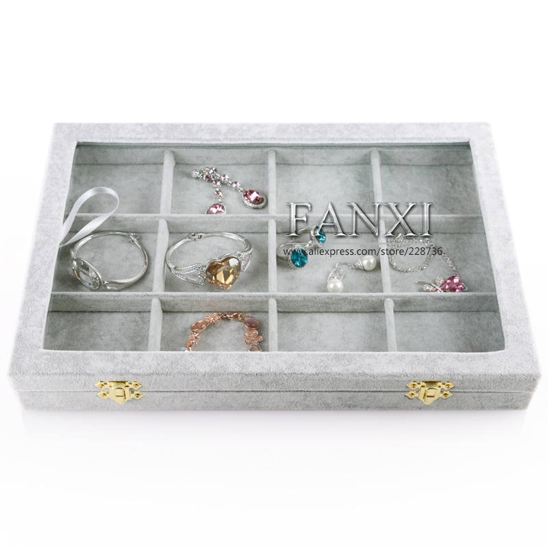 FANXI Wholesale custom factory Wood jewellery storage box ring earrings bangle display gray Ice velvet jewelry Display case