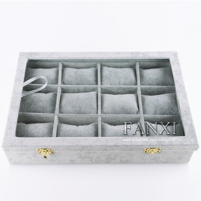 FANXI Wholesale Custom Factory MDF Wrapped With Gray Velvet Portable Bangle Jewelry Shop Display Watch Packing Case