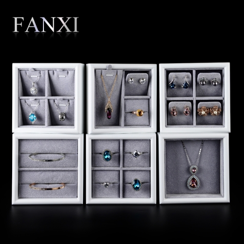 FANXI Multiple White Lacquer Grey Velvet Jewelry Shop Ring Earrings Display Holder Exhibitor Mini Wooden Jewelry Tray
