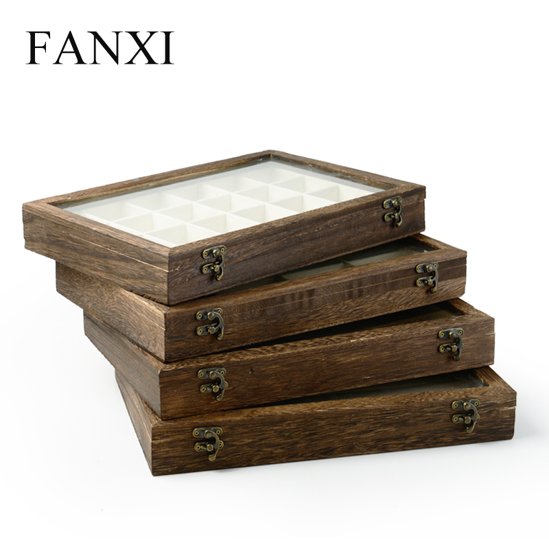 FANXI Custom Wood Box With Linen Insert For Ring Earrings Necklace Bracelet Storage Vintage Baking Wooden Jewelry Case