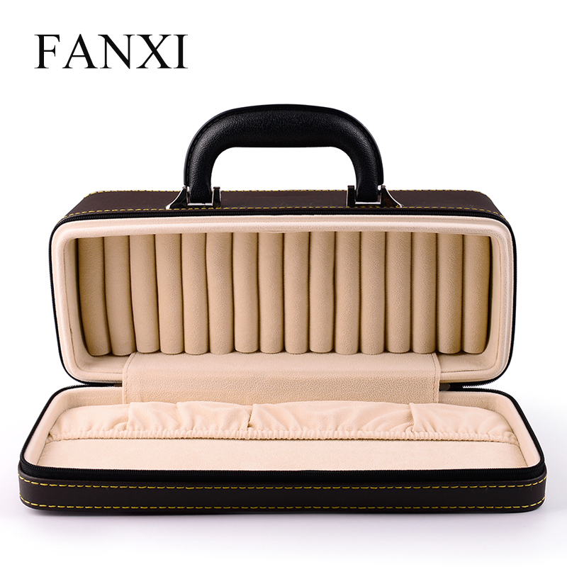 FANXI Factory Custom Coffee or Black Color PU Leather Velvet Insert Traveling Business Using Jewelry Storage Case