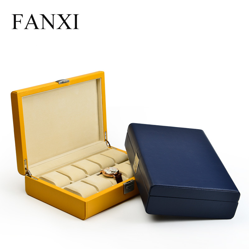 FANXI Custom Luxury Wooden Jewelry Cases Wrapped With Yellow And Dark Blue PU Leather With Velvet Insert For Bangle Bracelet Storage Luxury Watch Case