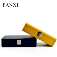 FANXI Custom Luxury Wooden Jewelry Cases Wrapped With Yellow And Dark Blue PU Leather With Velvet Insert For Bangle Bracelet Storage Luxury Watch Case