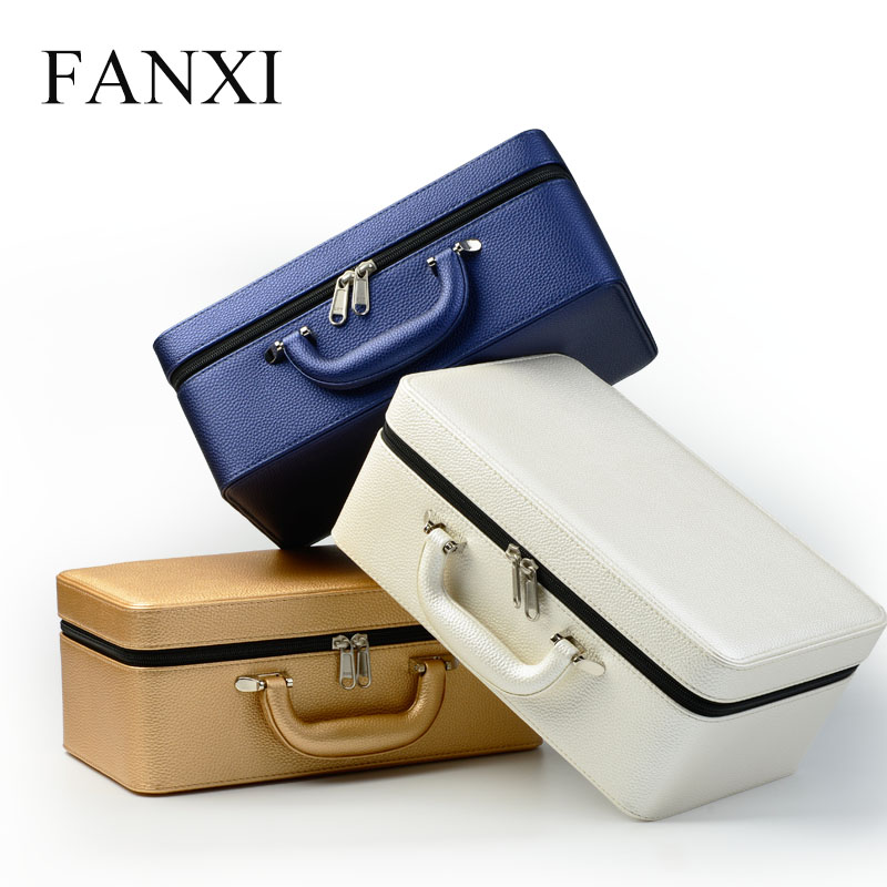 FANXI Factory Fine Workmanship Jewelry Storage Jewelry Organizer White Yellow Blue PU Leather Two Layers Jewelry Travel Case