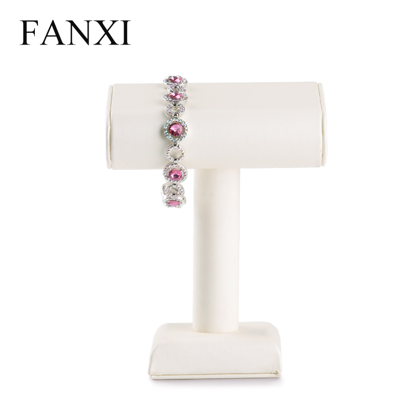 FANXI Wholesale Custom Jewelry Display Holder For Bangle Organzier Beige PU Leather T bar Bracelet Display Stand
