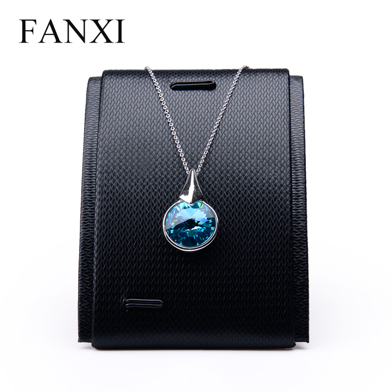 FANXI Custom Luxury Shop Counter Organizer Jewelry Display Ring Pendant Holder Stand Tilt Black PU Leather Necklace Holder