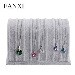 FANXI Custom Wood Jewelry Exhibitor Holder With Hooks For Pendant Brown And Gray Ice Velvet Necklace Display Stand