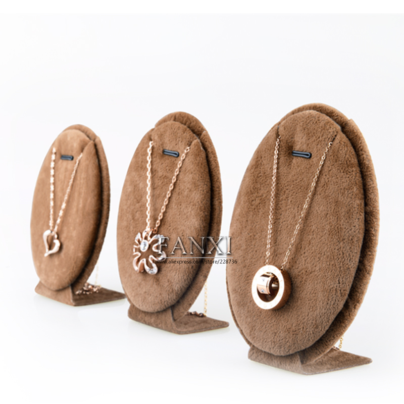 FANXI High Quality Coffee Velvet Oval Shape Jewelry Display Stand Set Pendant Exhibitor Shop Organizer Necklace Display Shelf