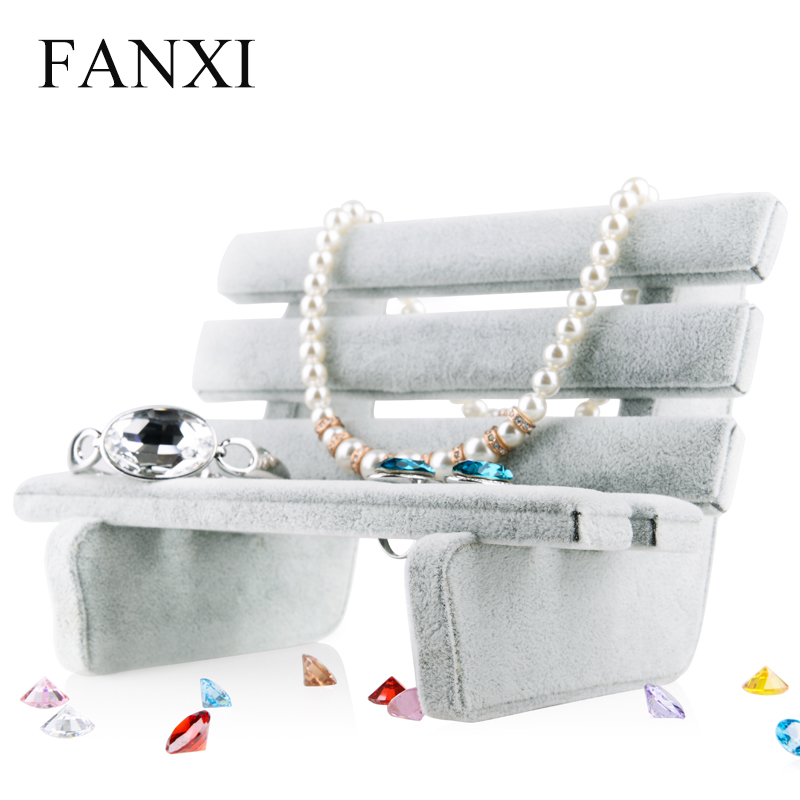 FANXI China Supplier Exquisite Gray Velvet Park Chair Jewellery Display Stand For Boutique Showcase Jewellery Cabinet Display