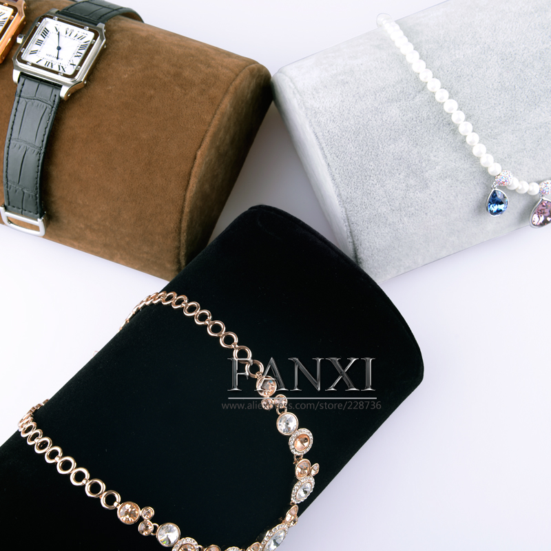 FANXI Factory Custom Black Coffee Grey Color Display Watch Necklace Bracelcet Velvet Wood Jewelry Display Base