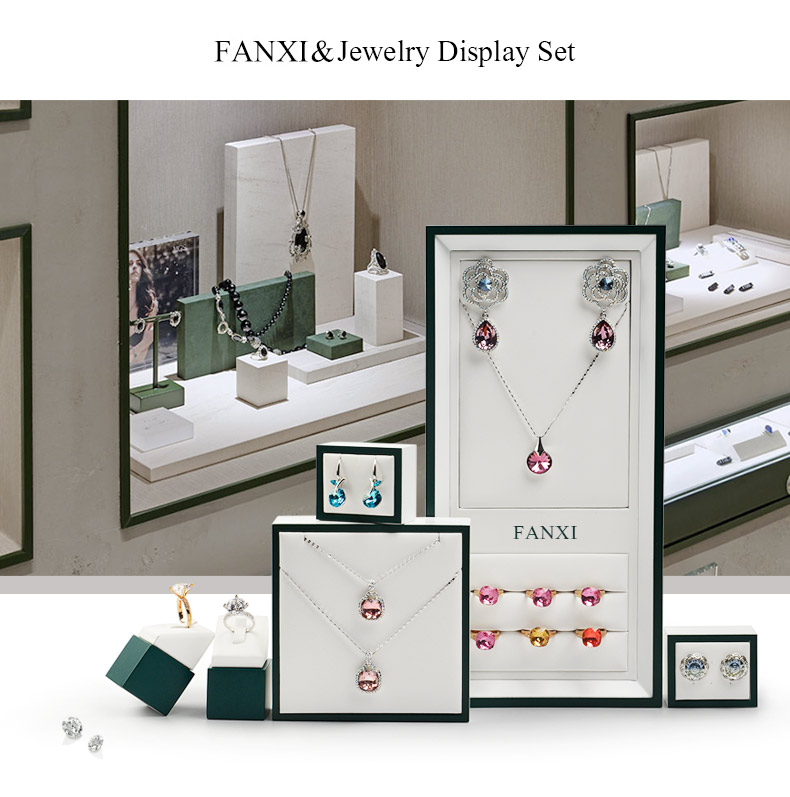 FANXI New Product Luxury PU Leather Jewelry Stand For Counter Ring Necklace Earrings  Organizer Green Lacquer